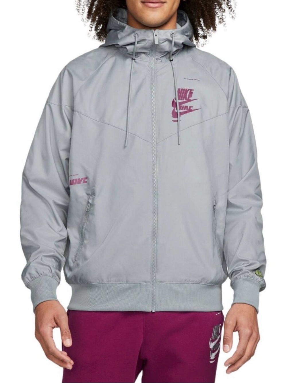 Nike Light Gray Hooded Windbreaker with Burgundy Logo Accents